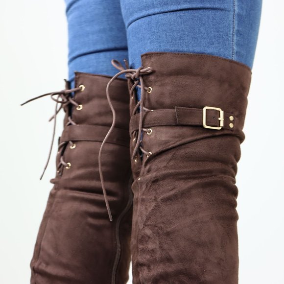 Brown Thigh High Over The Knee Flat Boots Faux Suede Laced Back - Picture 8 of 14